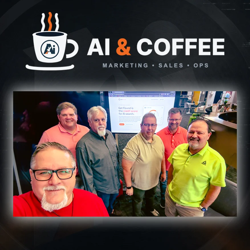 A group of six gathered around a screen at an AI and Coffee meetup.