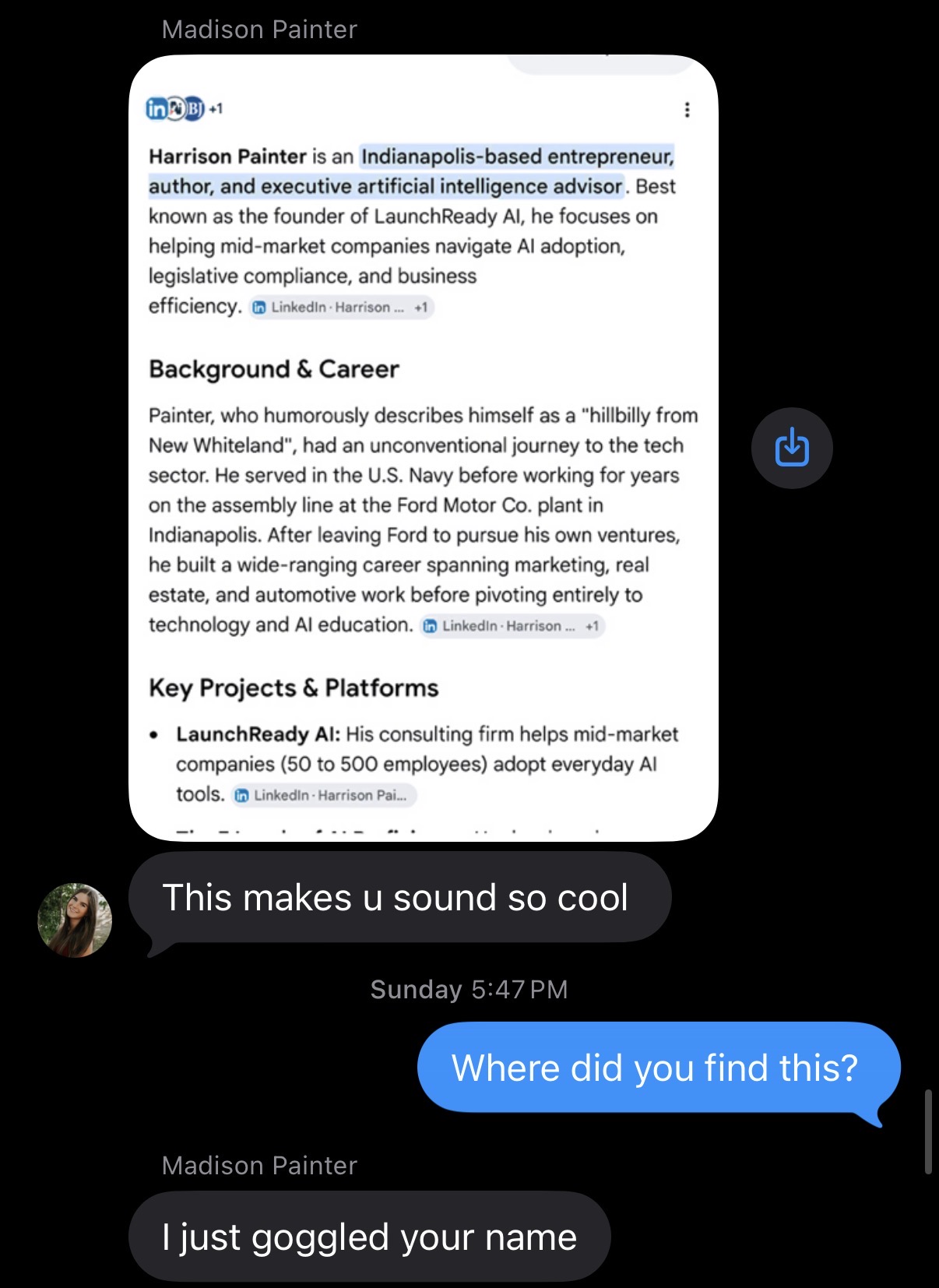 A text message showing an AI search summary that describes Harrison Painter as an Indianapolis-based entrepreneur, author, and executive AI advisor, and founder of LaunchReady.