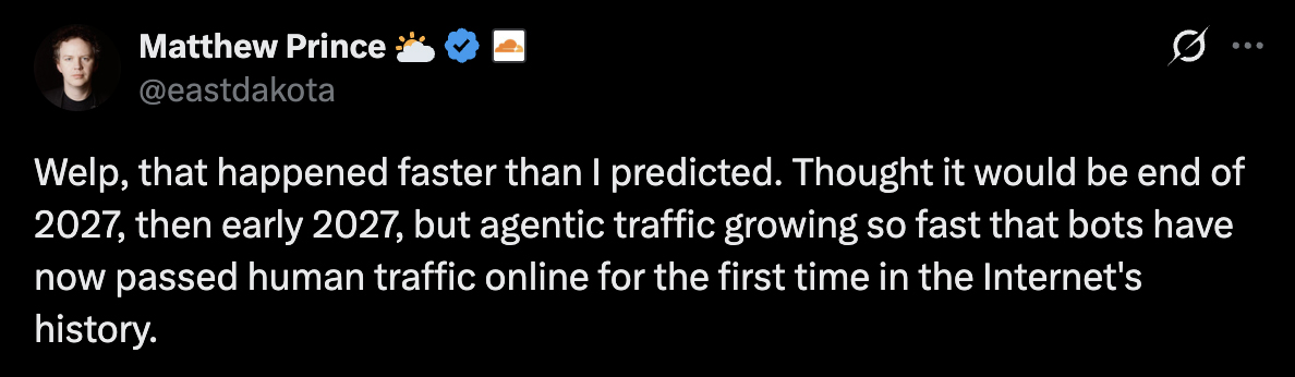Cloudflare CEO Matthew Prince's post on X: Welp, that happened faster than I predicted. Thought it would be end of 2027, then early 2027, but agentic traffic growing so fast that bots have now passed human traffic online for the first time in the Internet's history.