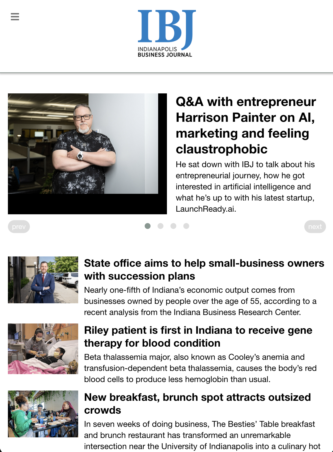 Harrison Painter as the lead feature on the Indianapolis Business Journal homepage, May 16, 2026