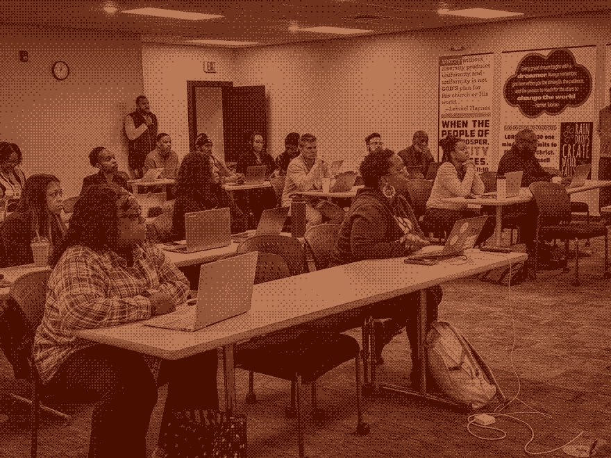 Hands-on working session around the table, duotone print treatment
