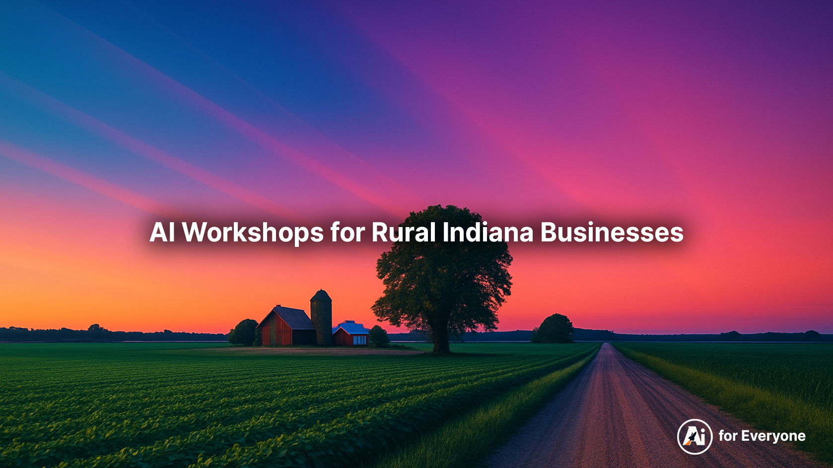 Sunrise over a rural Indiana farm with barn and field before Ai workshops for rural Indiana business.