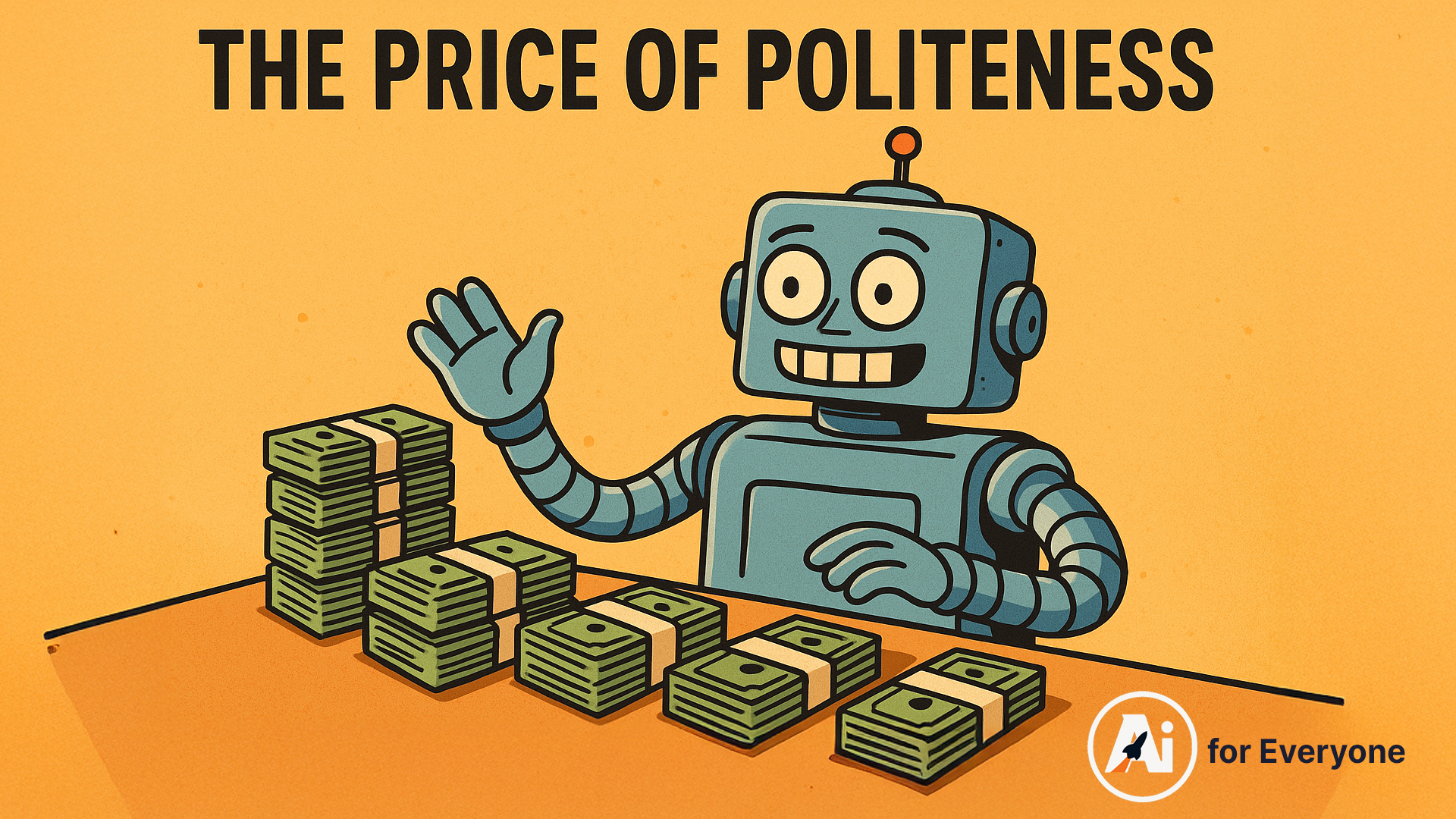 Cartoon robot sitting at a table surrounded by money with a confused look
