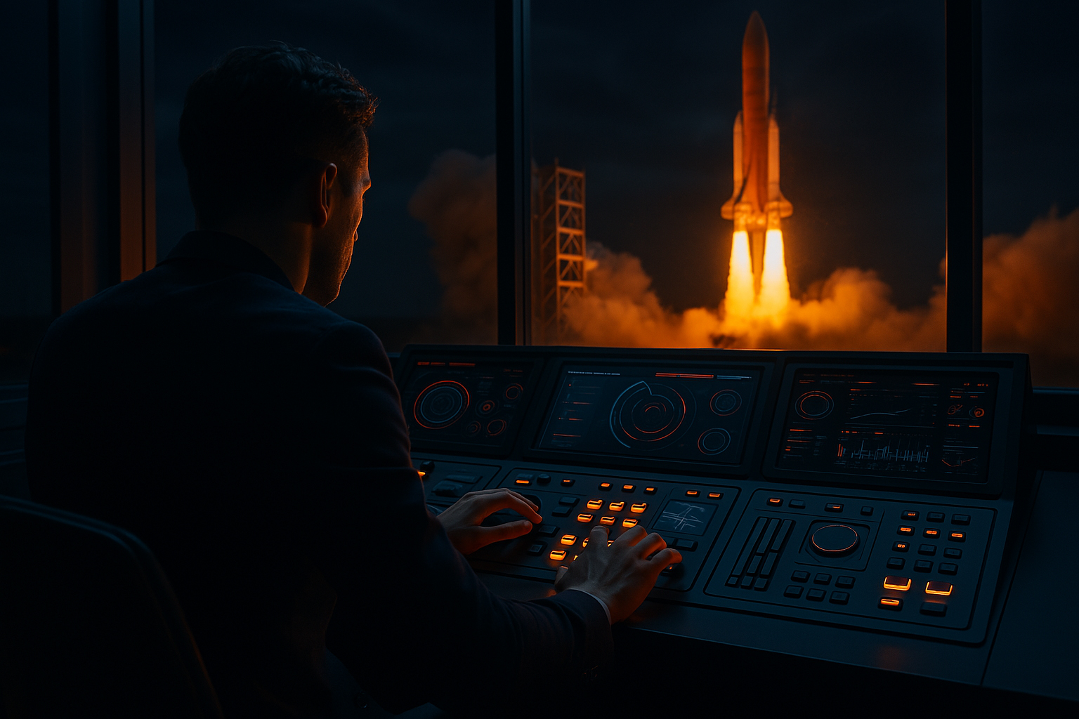 Launch Sequence – Agentic AI Integration A man in a navy suit watches a rocket launch from a futuristic control console illuminated in warm orange light