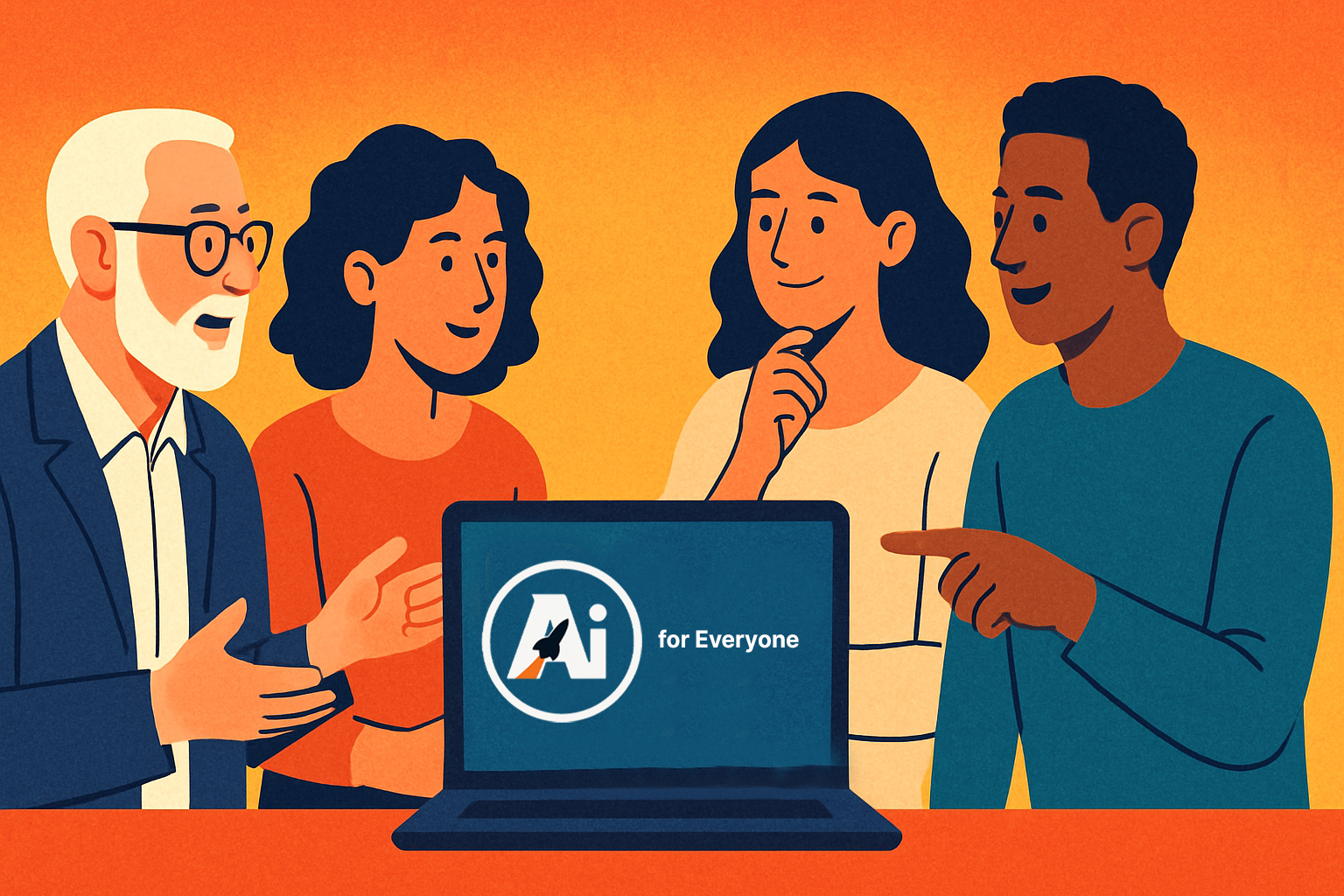 Illustration of four diverse adults gathered around a laptop displaying the "AI for Everyone" logo. The group appears engaged and curious, symbolizing a collaborative and human-centered approach to AI.