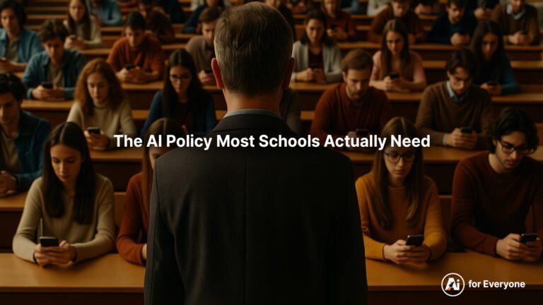 Professor standing in front of a college classroom where students are focused on their smartphones, illustrating the impact of AI on education and the need for updated school policies.