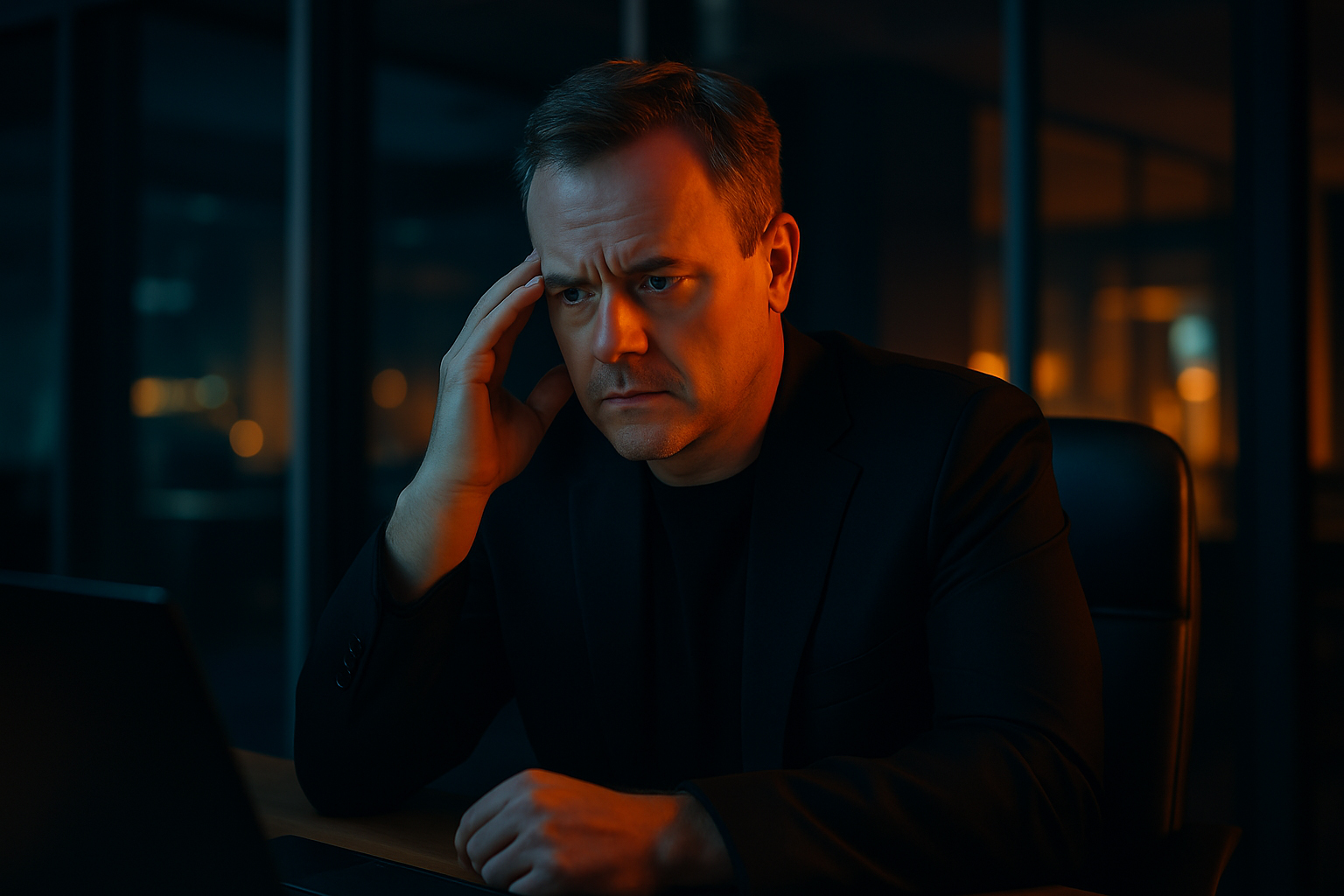 CEO Under Pressure — The Moment Before AI Policy Fails A middle-aged white male executive seated at a desk in a modern office, looking tense under orange and blue lighting
