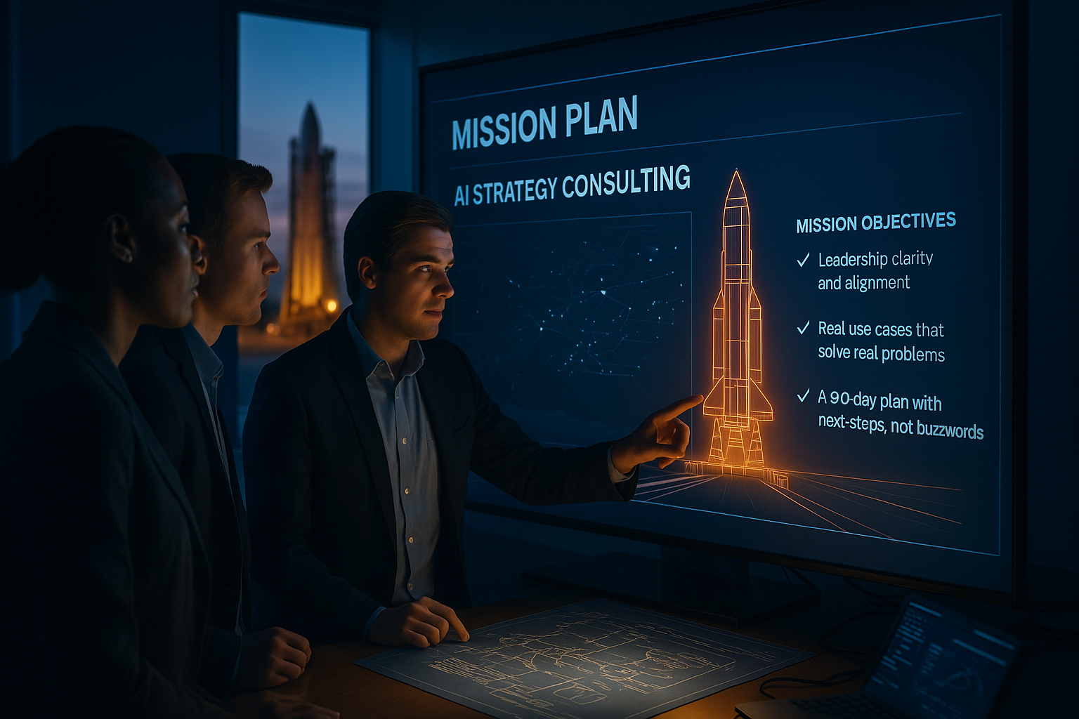 Mission Control – AI Strategy Consulting Three professionals in a mission control room analyzing a strategy session screen with a rocket launch visible through the window