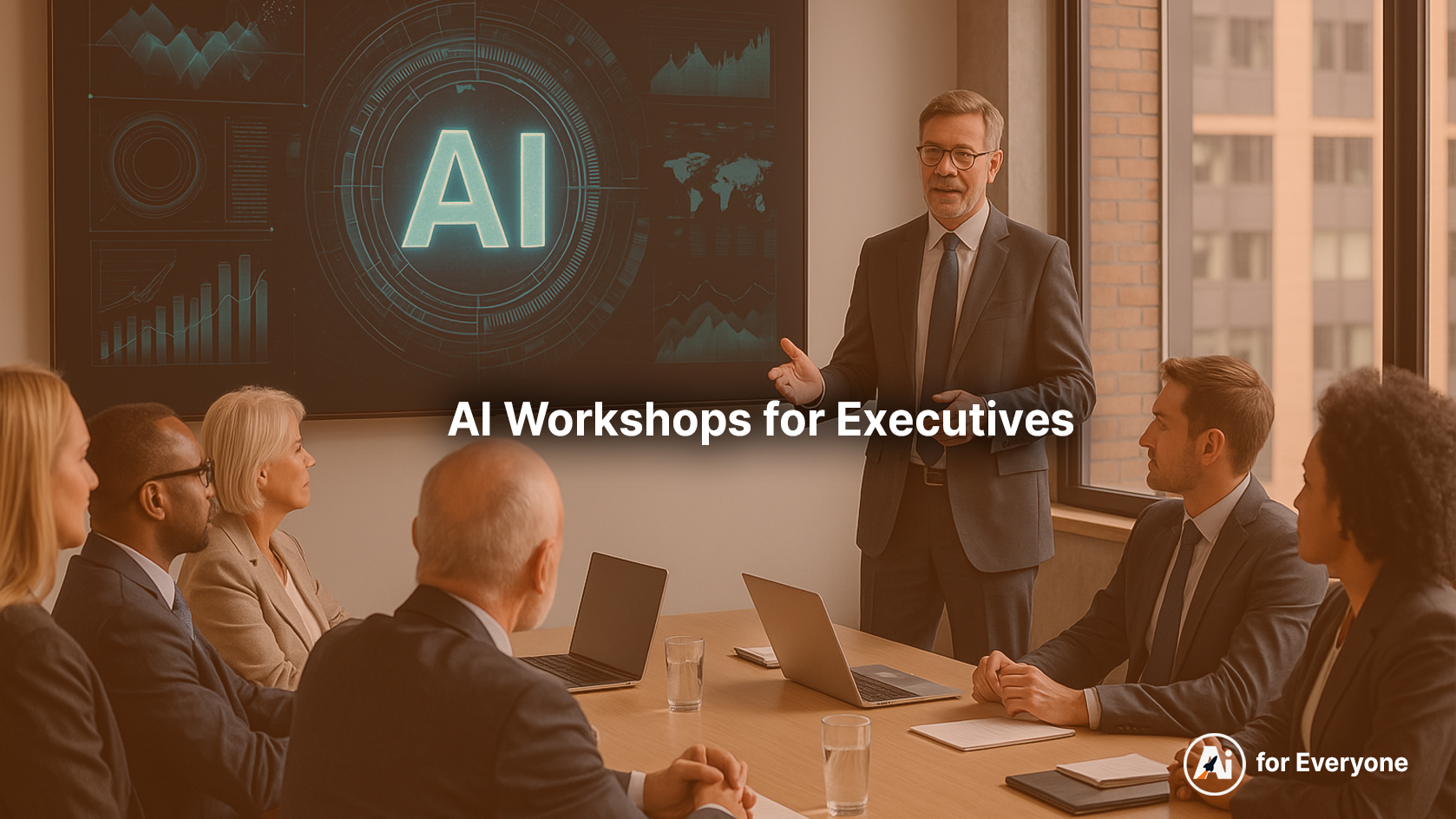 Business leadrers attending an AI workshop for executives in a modern boardroom