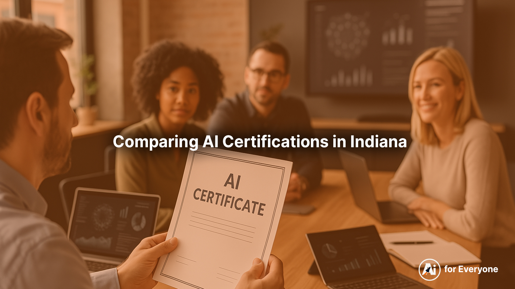 Business leader holding an AI certificate during a team workshop in Indiana