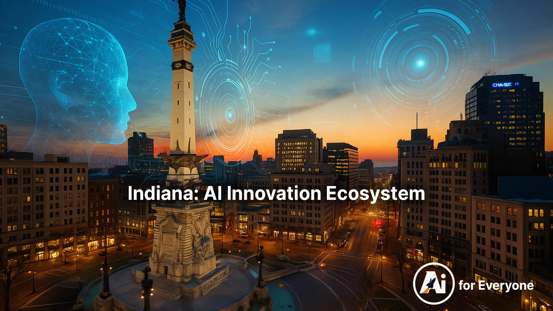 Monument Circle in Indianapolis with futuristic AI-inspired digital overlays at sunset