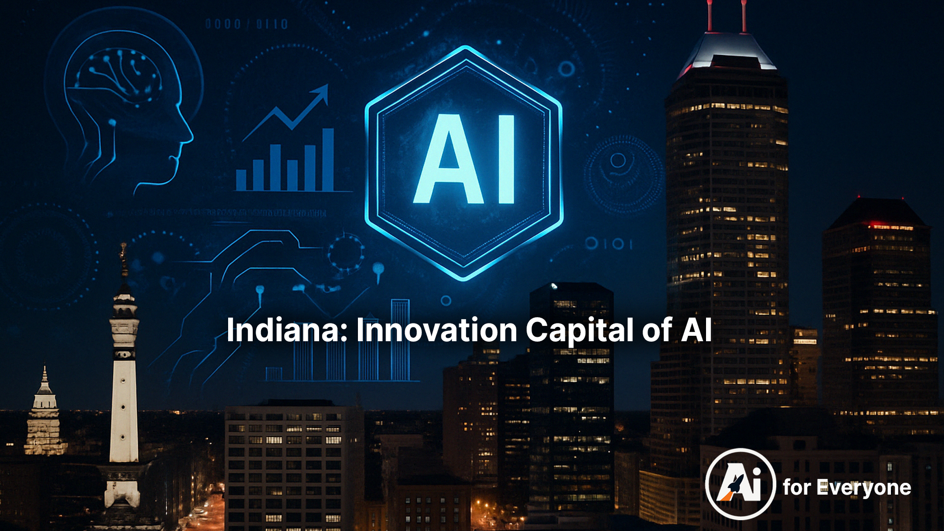 Cinematic nighttime Indianapolis skyline with futuristic AI data overlays