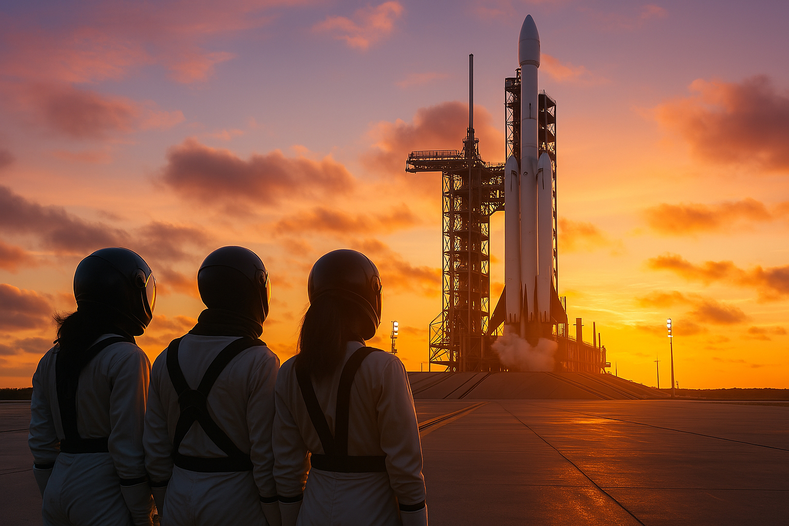 AI Workshops for Teams | LaunchReady.ai Training Programs Team of astronauts watching rocket launch at sunrise, symbolizing AI training and teamwork