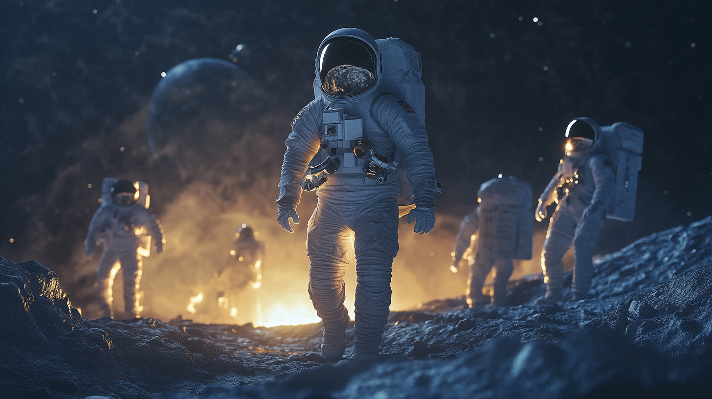 AI Training for Leaders | LaunchReady.ai Executive Innovation Astronauts walking on the moon with Earth in the background, symbolizing leadership, innovation, and future-forward thinking
