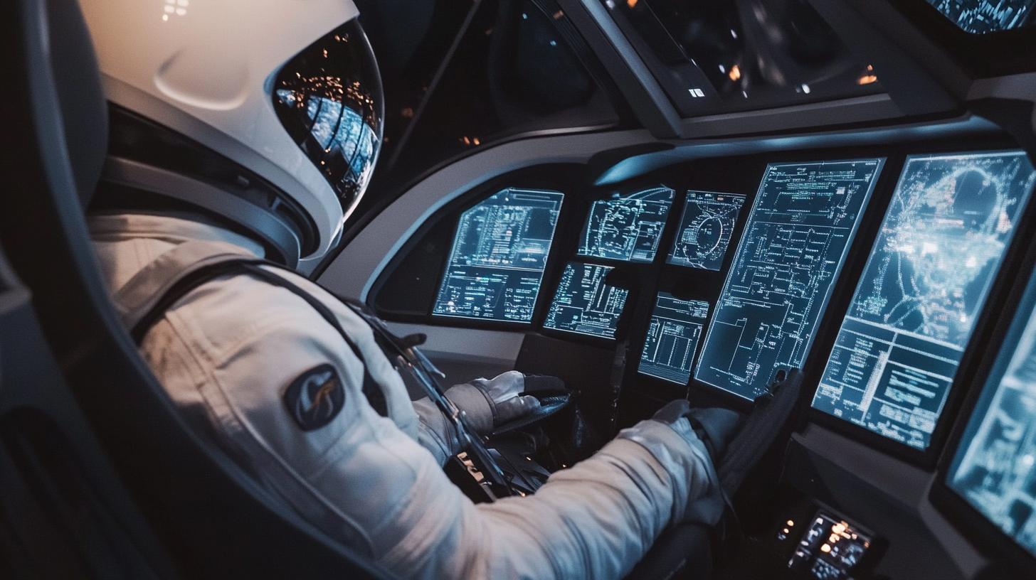 AI for Marketing Teams | LaunchReady.ai Training Program Astronaut inside a futuristic cockpit surrounded by digital dashboards, symbolizing marketing strategy and AI control