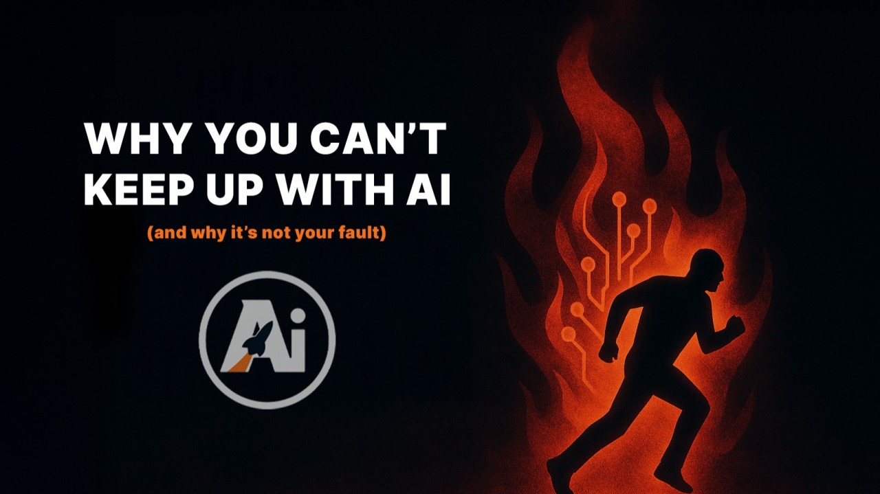 Silhouette of person running from digital flames representing AI overload