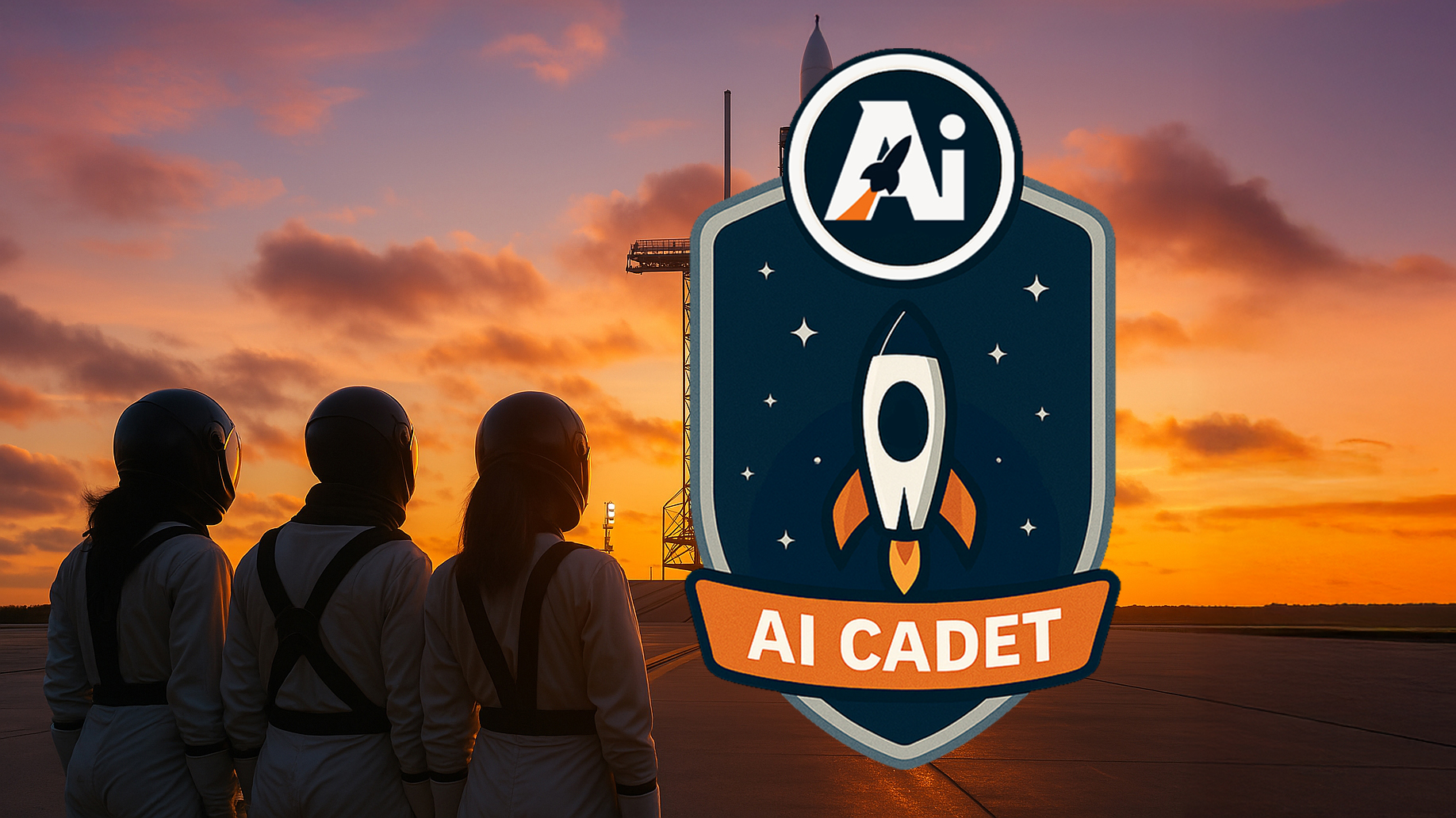 launch-ready-ai-workshop-cadet Team of astronauts watching rocket launch at sunrise, symbolizing AI training and teamwork