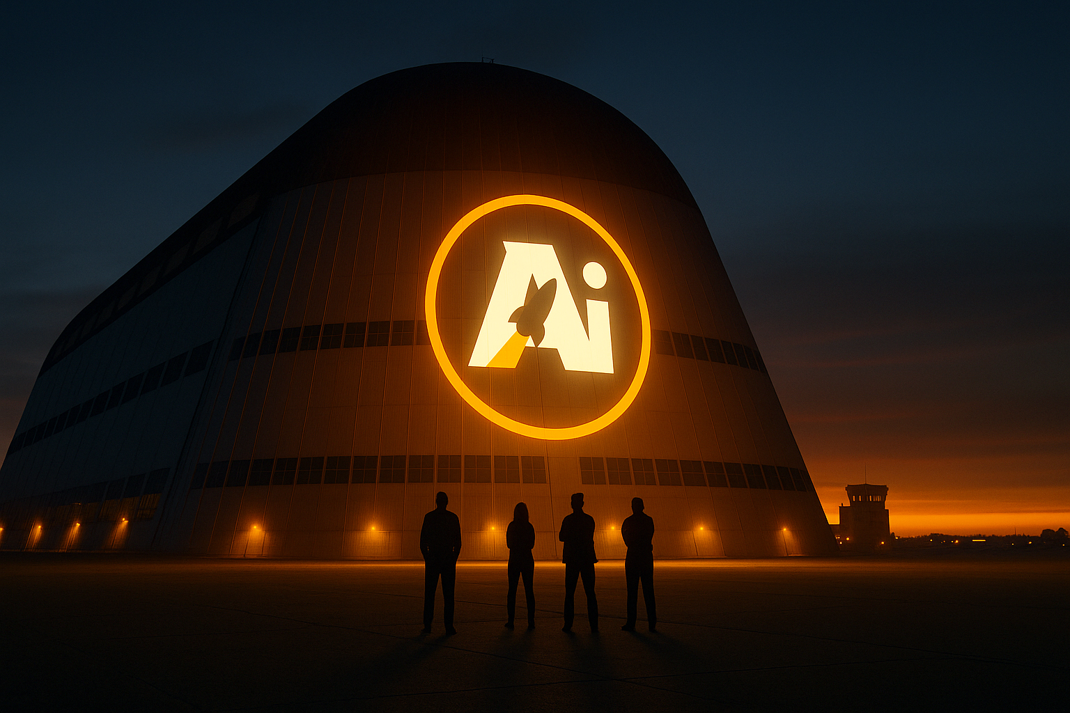 LaunchReady AI | Marketing Strategy Takes Flight at Hangar One A night view of Hangar One with the LaunchReady.ai logo projected in light across the building, symbolizing a bold marketing mission powered by AI.