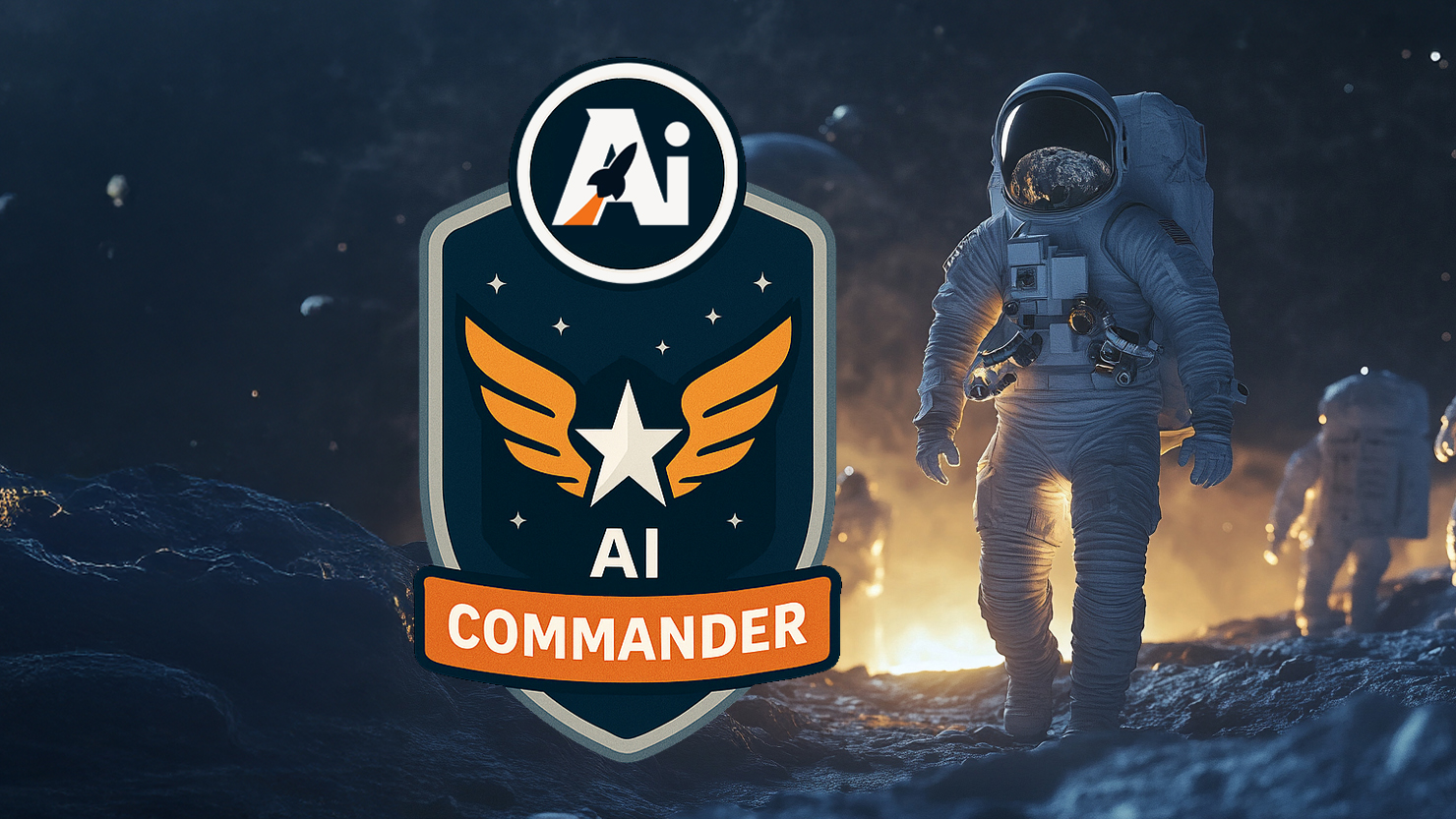 launchready-ai-leadership-training-commander-moonwalk Astronauts walking on the moon with Earth in the background, symbolizing leadership, innovation, and future-forward thinking