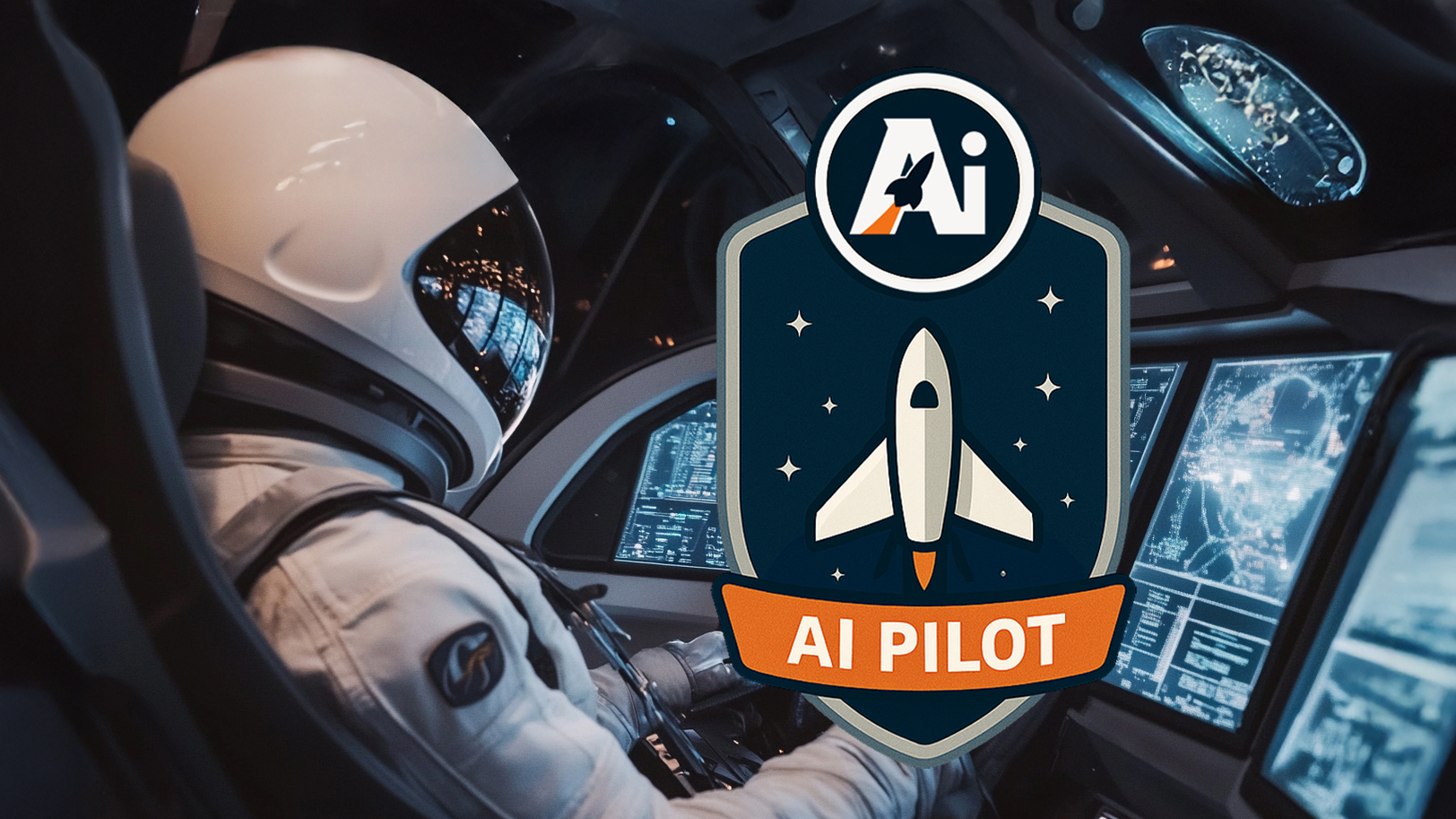 launchready-ai-marketing-training-pilot-cockpit Astronaut inside a futuristic cockpit surrounded by digital dashboards, symbolizing marketing strategy and AI control