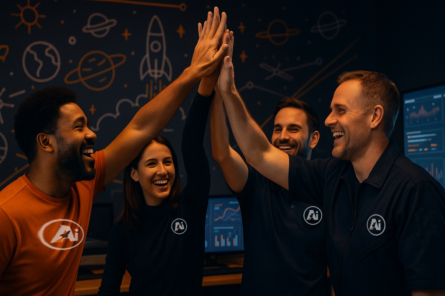 LaunchReady AI Team Celebrates a Successful Marketing Mission Four LaunchReady AI team members high-fiving in a mission control-style room after completing a successful AI-powered marketing strategy.